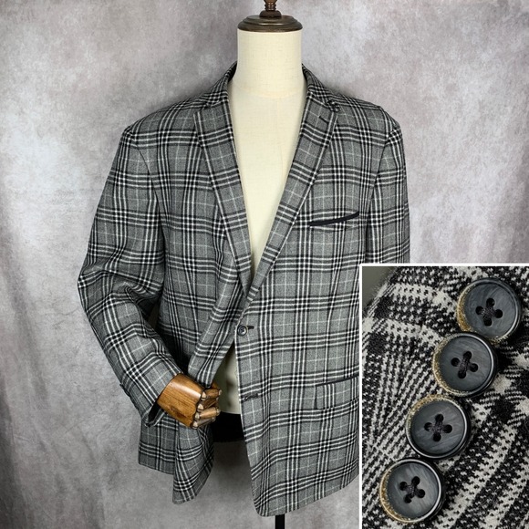 Tallia Blazer Jacket Men 50L Gray Glen Check Windowpane Sport Coat Wool Paisley